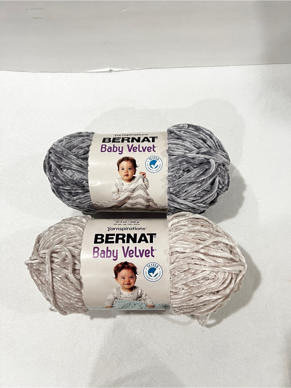 Yarnspirations Bernat Baby Velvet Yarn Blissful Greige & Pale Gray 492 Yds Each